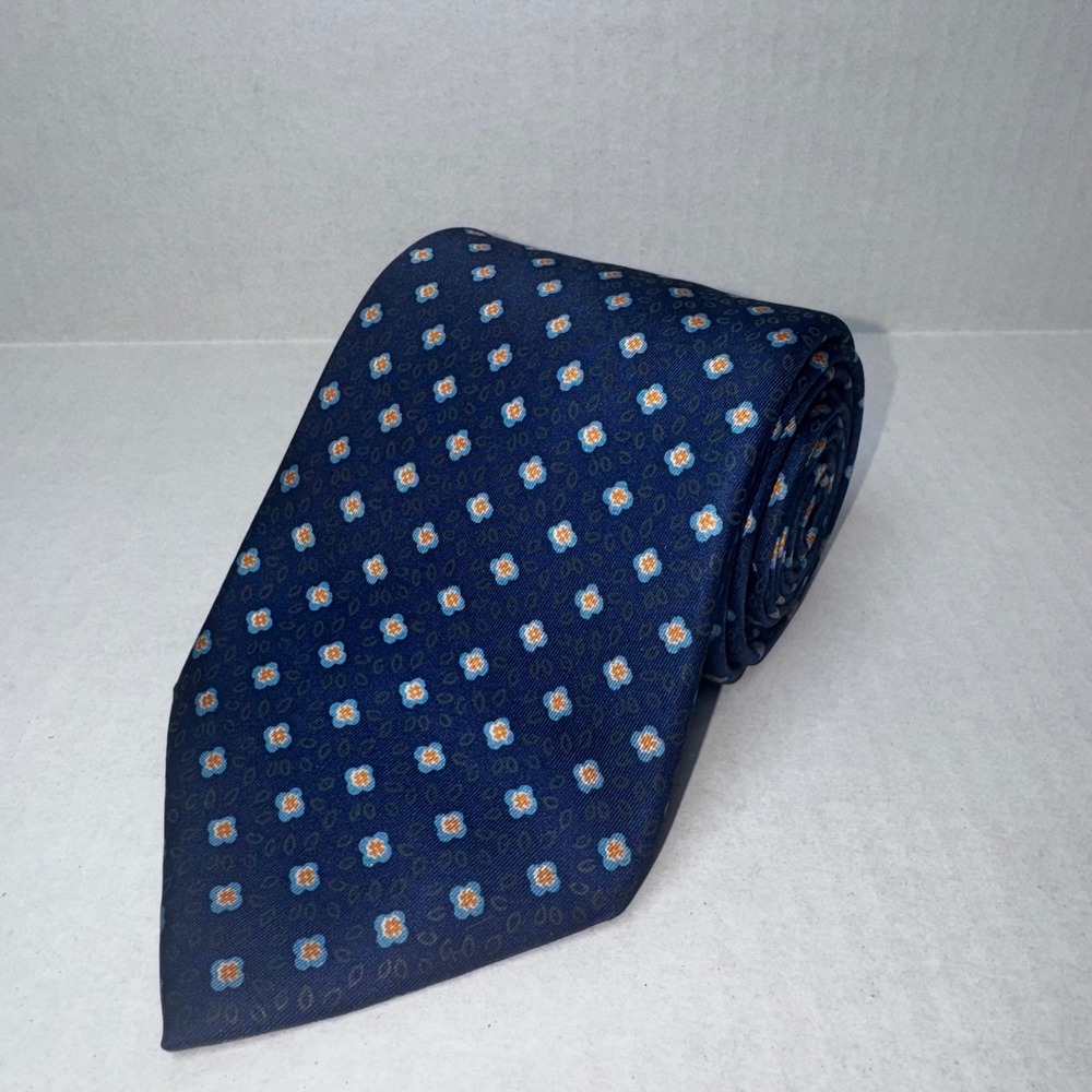 Brioni Tie Mens One Size Navy Blue Floral Medallion 100% Silk Handmade Italy